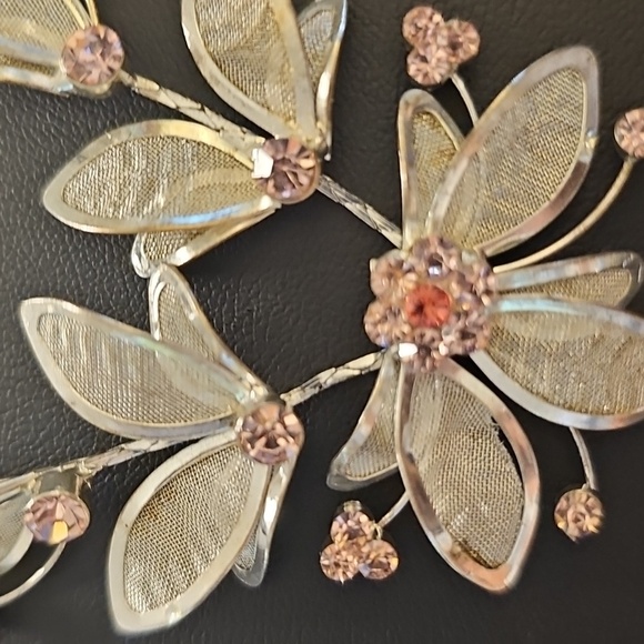 Elegant Silver Leaf Necklace With Pink Stones and Earring Set. Vintage - Picture 3 of 7